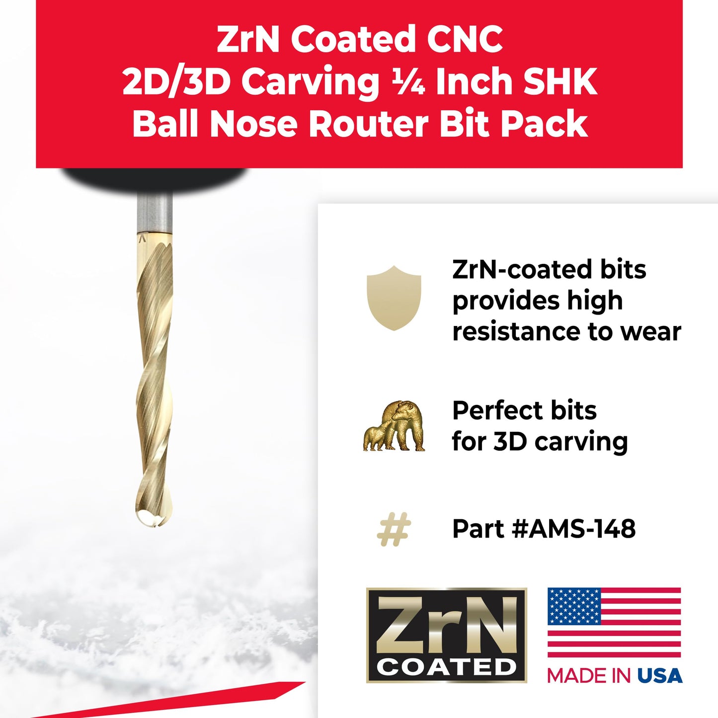 Amana Tool AMS-148 4-Pc CNC 2D and 3D Carving Ball Nose ZrN Coated SC 1/4 Inch SHK Router Bit Collection Includes 46280 (1/32) 46282 (1/16) 46286 (1/8) & 46294 (1/4 D.)
