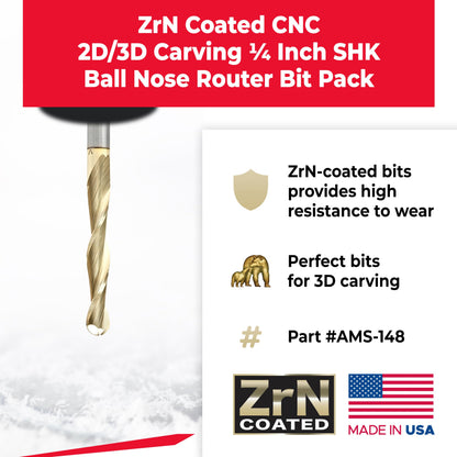 Amana Tool AMS-148 4-Pc CNC 2D and 3D Carving Ball Nose ZrN Coated SC 1/4 Inch SHK Router Bit Collection Includes 46280 (1/32) 46282 (1/16) 46286 (1/8) & 46294 (1/4 D.)