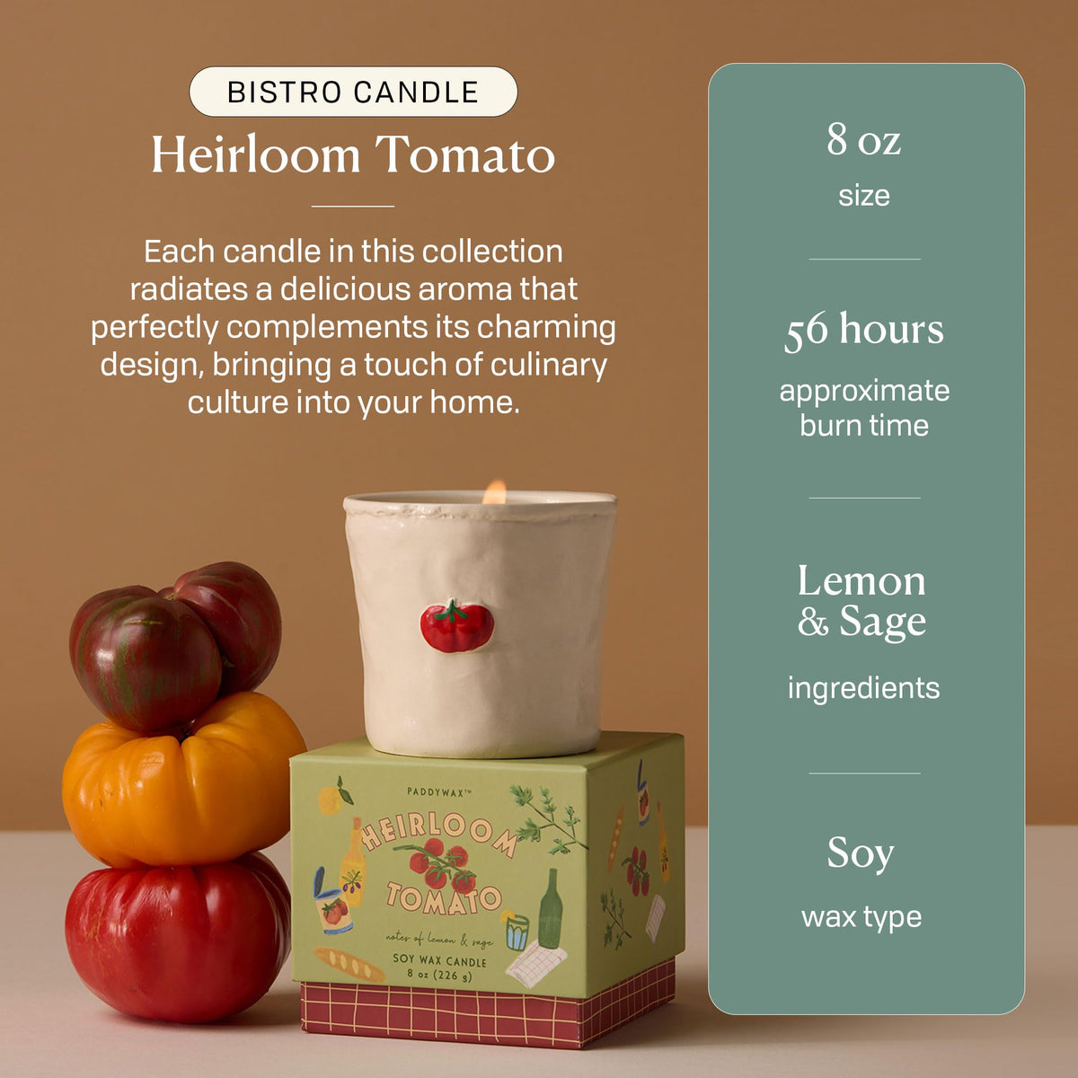 Paddywax Bistro Hand Painted Scented Candle in Ceramic Reusable Food-Safe Jar with Gift Box, Soy Candle with Approx. 56 Hour Burn Time, Heirloom Tomato, 8 oz