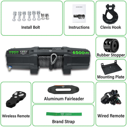 TYT 6500 lb UTV Winch Kit,12 Volt DC Electric Trailer Winch with Wireless Remote and Wired Switch,1/4" x 50FT Synthetic Rope Winch with Rubber Stopper and Mounting Plate