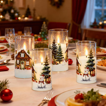 KunSween Christmas Candles with Remote Timer, Set of 2 LED Glass Flameless Candles Battery Operated with Cedar, Snowman, Reindeer, Snowy House Decals for Holiday Winter Party Home Decor(D6” x H3”)