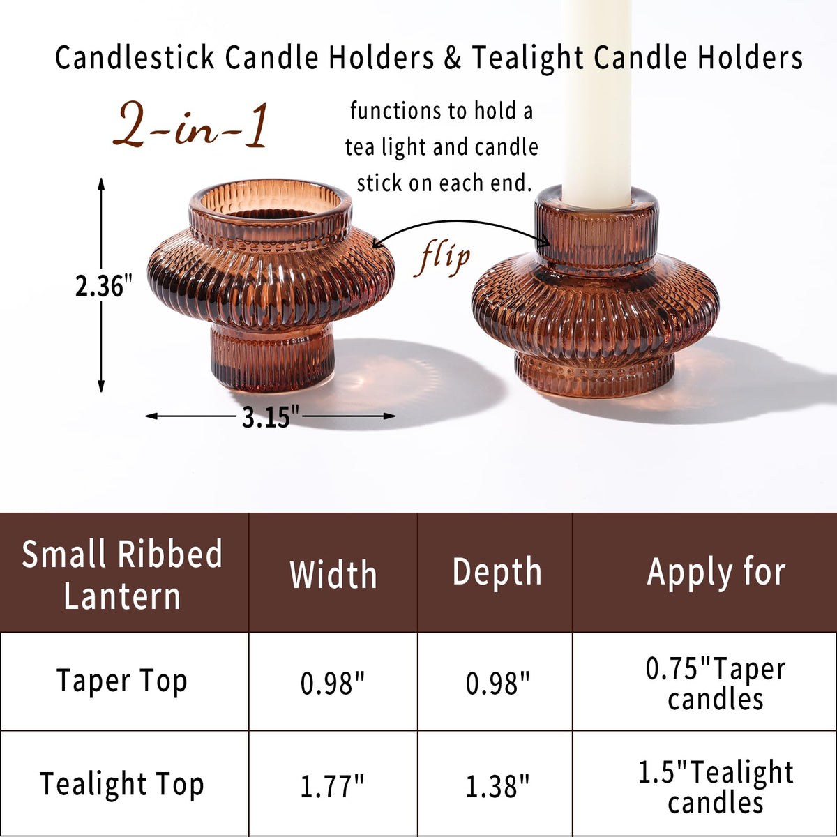 Taper Glass Candlestick Holders Tealight Candle Holders for Table Centerpieces, Fall Wedding Decor and Dinner Party Thanksgiving Christmas Decor (8 Pcs, Brown)