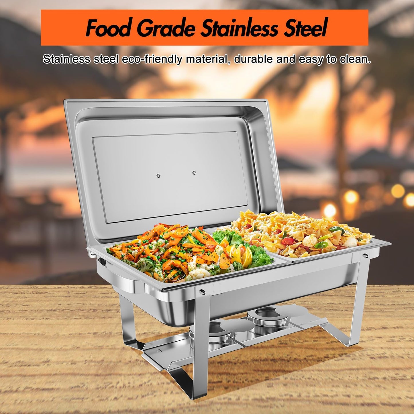 IDEALHOUSE 4-Pack Buffet Chafer Set, Thickened Stainless Steel Food Warmer, 8QT Rectangle Chafing Dishes with Lids & Foldable Frame for Catering & Large Events