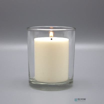 18 White Colored Unscented Wax Votive Candles in Glass Holder, 24 Hours Burn Time