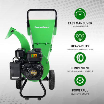 GARDENBEAUT Wood Chipper Shredder Mulcher Heavy Duty Gas Powered 3" Inch Max Wood Diameter Capacity