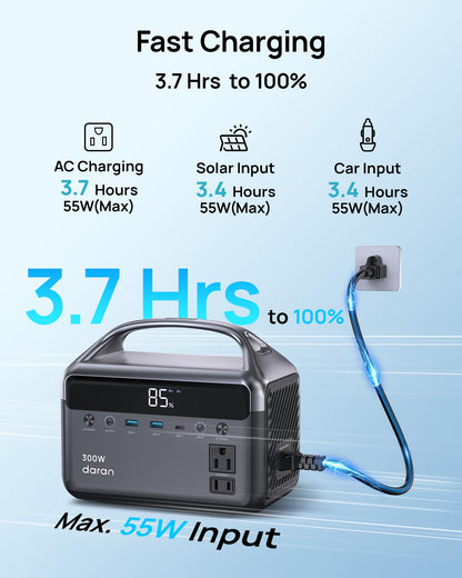 DaranEner Portable Power Station, 300W (Surge 600W) 192Wh Power Bank with 110V AC Outlet, LiFePO4 Battery for Home Emergency, Camping, Travel,& Outdoor Electronics(Option Solar Generator)