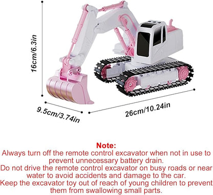 Pink RC Excavator 6 Channel 2.4Ghz RC Construction Vehicle1:24 Scale Pink Excavator Toy with 360° Rotation Light Sound and DIY Stickers Birthday Gift for Teens Adults (3 Battery)