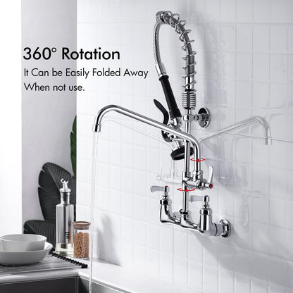 BAGNOLUX Commercial Sink Faucet, 8" Center Wall Mount Base with Pull Out Spray 9.6" Add-on Swing Spout 25" Height, Double Handle Pre Rinse Sprayer Commercial Rv Kitchen Faucet with Ceramic Valve
