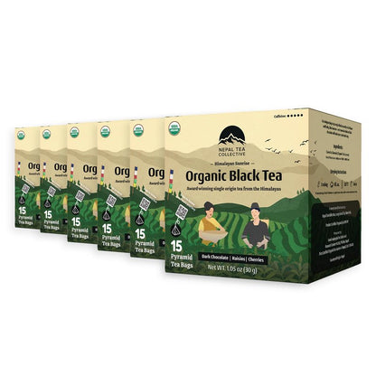 NEPAL TEA Organic Black Tea Bags from the Himalayas - 15 Pyramid Tea Bags, Single Origin from a Family Farm - Black Tea Bags with Loose Leaf Tea Inside (Himalayan Sunrise), 6 Pack