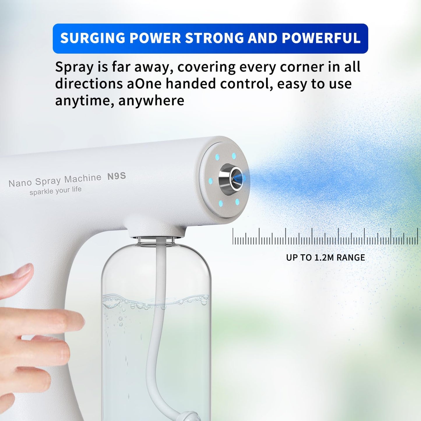 ULV Electrostatic Nano Mist Sprayer with Blue Light, 350ml Cordless Handheld for Home Car Office Salon Multi-Surface Cleaning (N9S White)