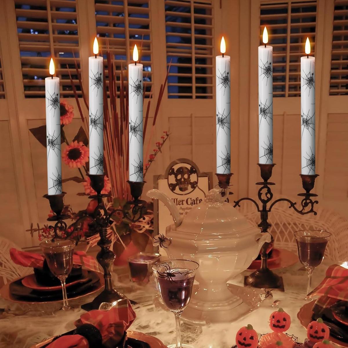 Wondise Halloween Flameless Taper Candles with Remote & Timer, 4 Pack Spider Web Halloween Candles Battery Operated Real Wax LED Flickering Candlestick for Halloween Table Decorations, 02020051