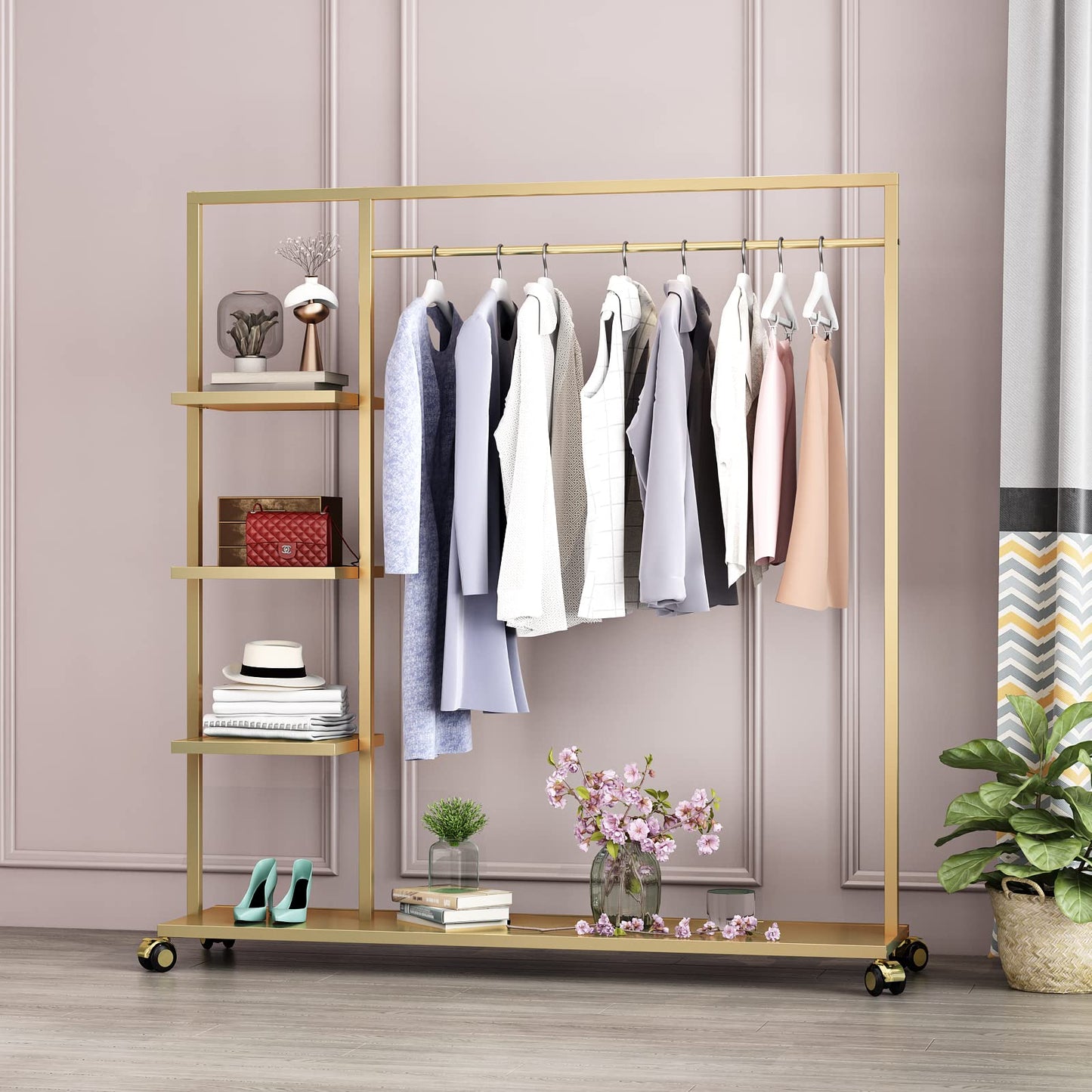 Smlttel Gold Clothing Racks with Shelf, Boutiques Retail Display Gold Clothes Rack, Multiple Uses Heavy Duty Garment Rack for Hanging Rods for Home and Retail