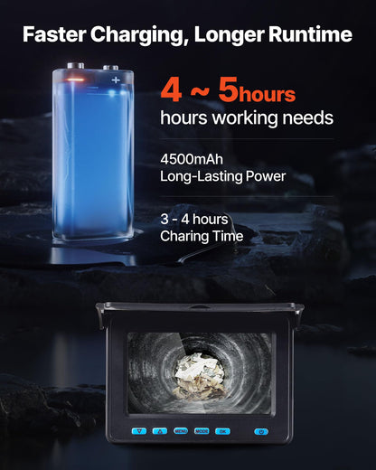 VEVOR Sewer Camera, 98 ft/30m, 4.3" Drain Inspection Tool, IP68 Waterproof Snake Plumbing Camera with Lights - 6 Adjustable LEDs, 4500mAh Battery & 16GB Card for Sewer Line Duct Pipes