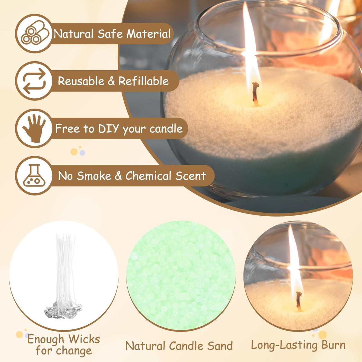 MECCANIXITY Pearled Sand Candles with 30 Pcs Wicks 14Oz / 400g Candle Beads Refillable Powder Sand Wax Making Kit for Thanksgiving Christmas Wedding Party DIY Home Crafts, Light Green