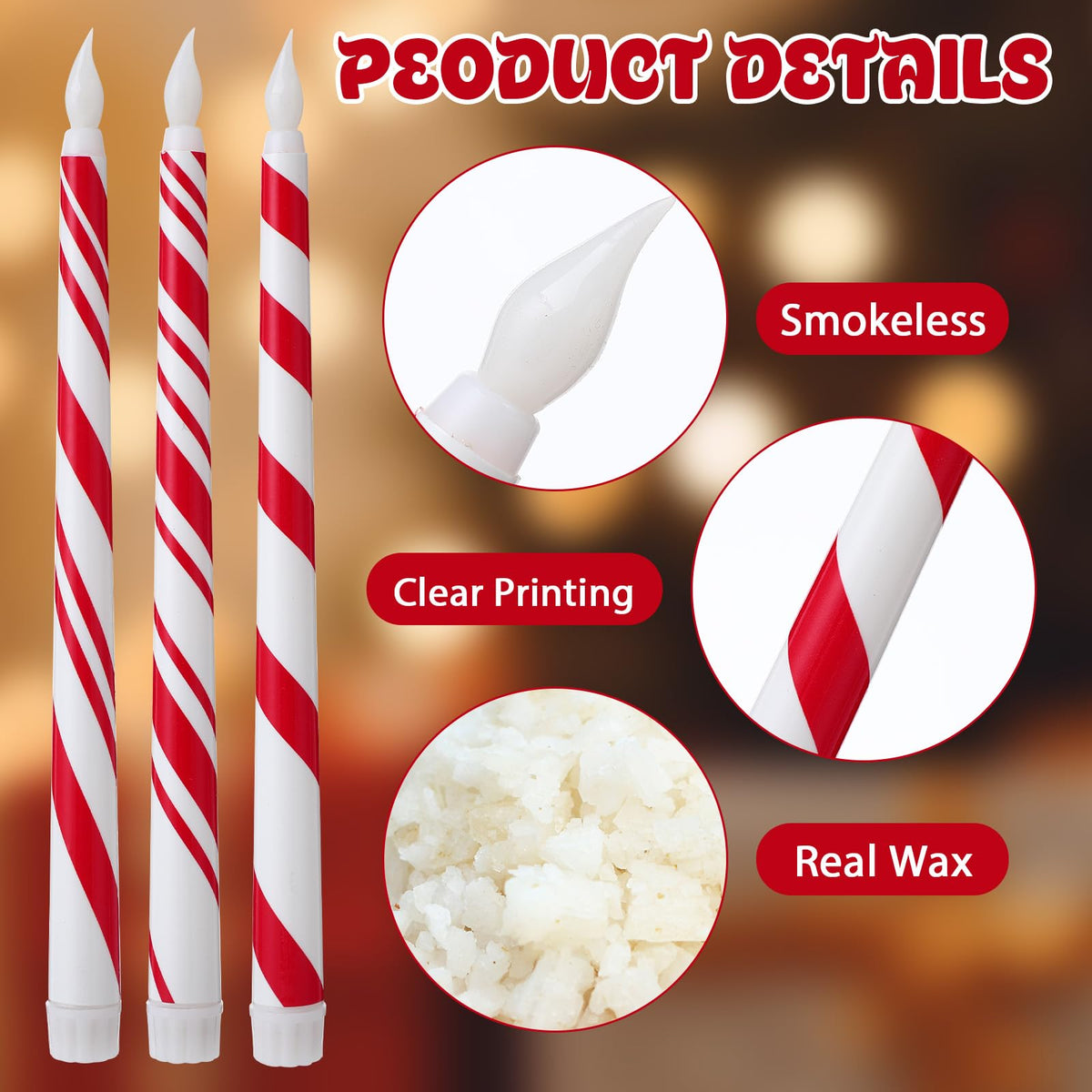 Kittmip 6 Pcs Christmas Flameless Taper Candles 11 Inch Long Candy Cane White Red Battery Operated LED Candles Table Centerpiece for Xmas Winter Holiday Party Decor