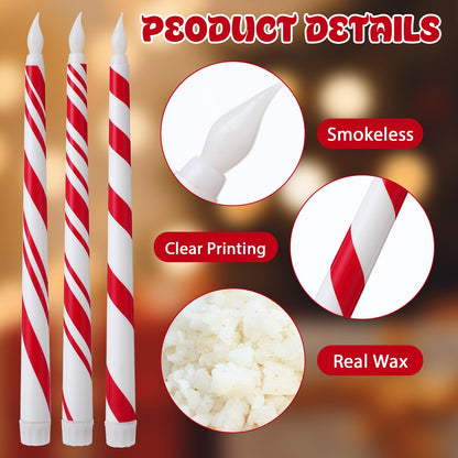 Kittmip 6 Pcs Christmas Flameless Taper Candles 11 Inch Long Candy Cane White Red Battery Operated LED Candles Table Centerpiece for Xmas Winter Holiday Party Decor