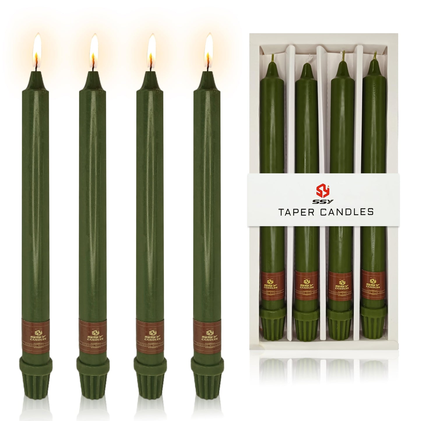 Olive Green Taper Candle 10 Inch Long Candlesticks Unscented Dripless Tapered Candle Set for Home Decor Wedding Party Dinner Candles, 4 Pack