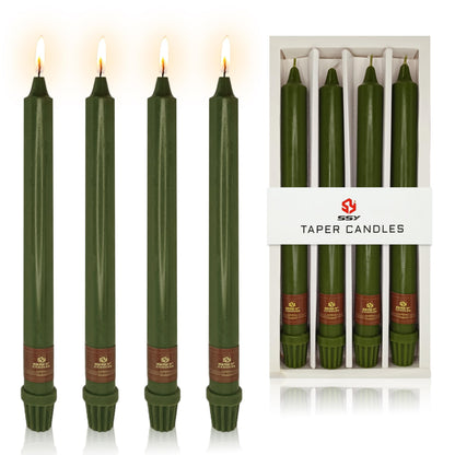 Olive Green Taper Candle 10 Inch Long Candlesticks Unscented Dripless Tapered Candle Set for Home Decor Wedding Party Dinner Candles, 4 Pack
