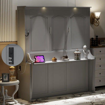 GDFStudio Queen Size Murphy Bed with Desk, LED Lights and USB Charging Ports, Wall-Mounted Space-Saving Bed, Solid MDF + Plywood, Foldable Design, Modern Home Office and Guest Room Solution, Gray