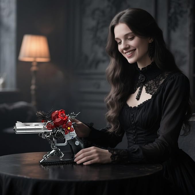 Gothic Rose Revolver Building Kit - Dark Romantic Fusion of Blood-Red Roses Twisted Thorns &amp Industrial Gears Movable Barrel Cylinder &amp Trigger Gifts Collection for Gothic Art Devotees