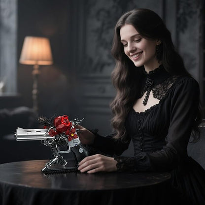 Gothic Rose Revolver Building Kit - Dark Romantic Fusion of Blood-Red Roses Twisted Thorns &amp Industrial Gears Movable Barrel Cylinder &amp Trigger Gifts Collection for Gothic Art Devotees