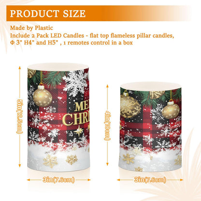 ALAZA Christmas Flickering Flameless Candles Buffalo Plaid Check Snowflake Battery Operated with Remote Timer,Tea Light Candles LED Pillar Votive Candles Set of 2 for Outdoor Indoor Xmas Decorations