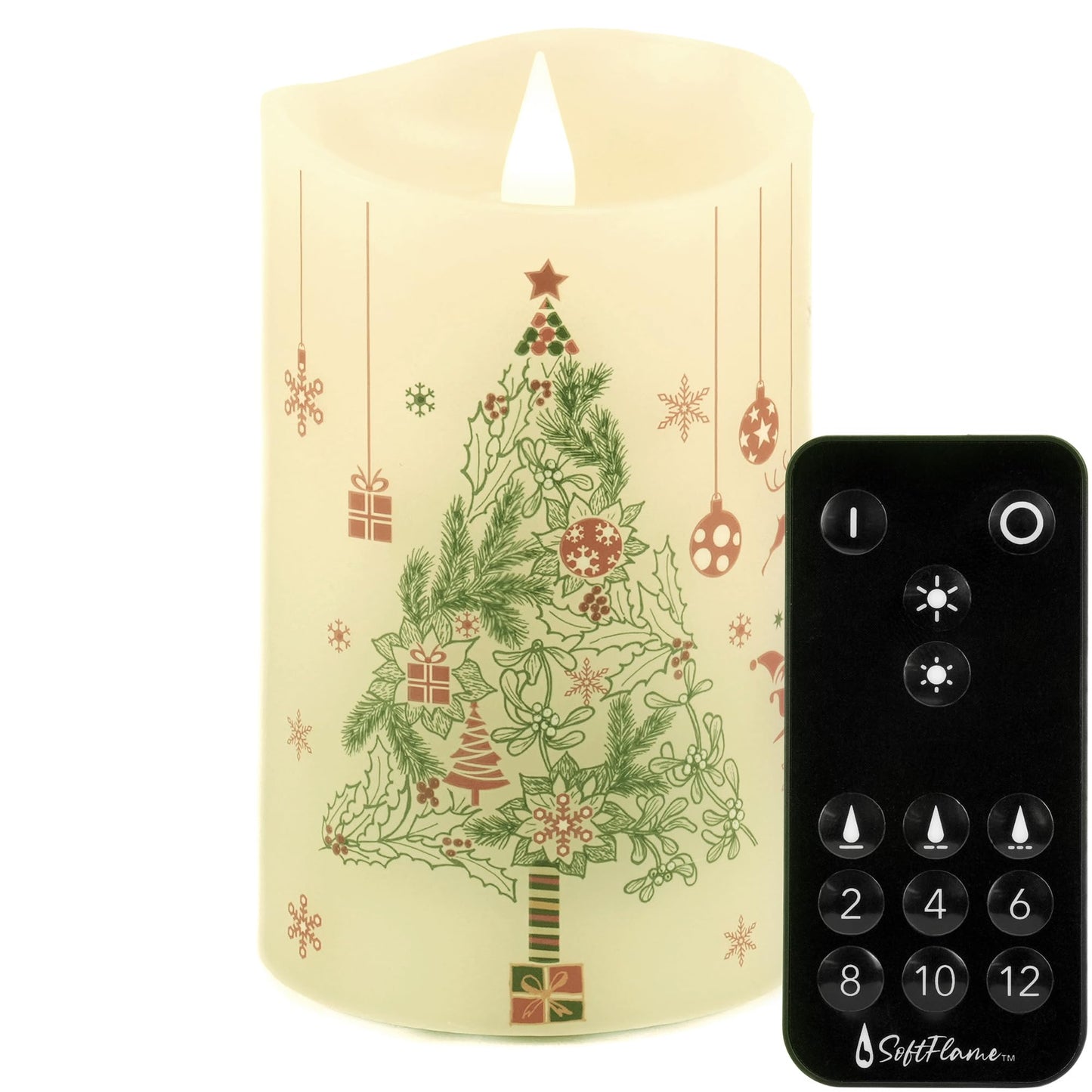 Softflame Christmas Flameless Candles with Remote Control, 3"x 5"Battery Operated Flickering 3D Wick Real Wax Pillar Christmas Gift Tree Candle