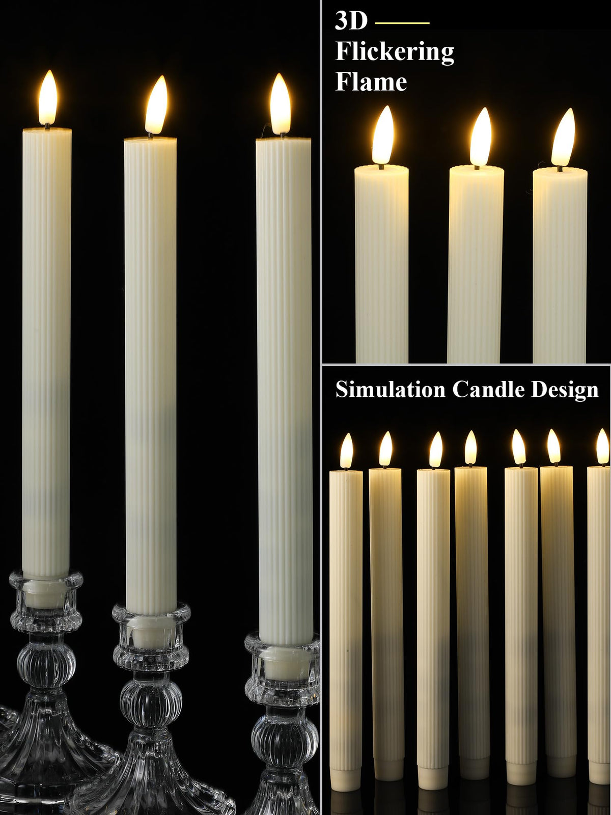 Retisee 30 Pcs 10 Inch Flameless Taper Candles LED Candles Bulk Battery Operated Taper Candle Flickering LED Candlesticks for Valentines Birthday Wedding Party Decor (Elegant Style,Ivory)