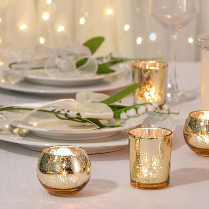 DEVI 48PCS Assorted Gold Votive Candle Holders Bluk, Gold Wedding Decorations, Mercury Glass Candle Holder for Tea Lights, Christmas Party Diwali Centerpieces for Table, Wedding Party Supplies