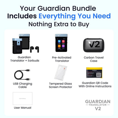 Guardian Translator V2 — AI Translator Device with Earbuds | Real-Time Two-Way Voice & Camera Translation | 144 Languages | Built-in ChatGPT | No Subscription | Travel, Business, Education
