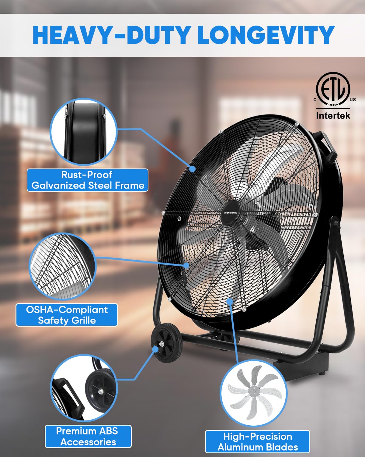 KEN BROWN 24 Inch Industrial Drum Fan, High Velocity Floor Shop Fan, Heavy Duty, 9500 CFM, 8 Blades, 3 Speeds, 360 Degree Tilt, Ideal for Industrial, Commercial, Gym, Garage Use, Black