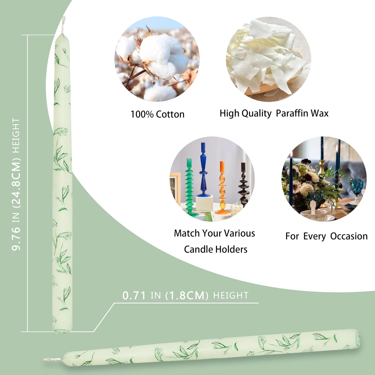 10 Inch Taper Candles Printed Candlesticks Handmade Unscented Smokeless,2pcs Tapered Candless Candle Sticks for Wedding Home Decoration(Grass)