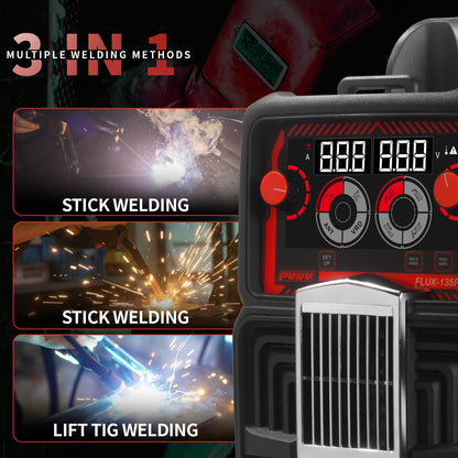 PUWU 135Amp 110V MIG Welder,Flux Core MIG/Lift TIG/Stick 3-in-1 Multiprocess Welder,IGBT Inverter Large LED Digital Display Welding Machine(BLACK)