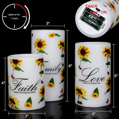 DRomance Sunflower Flameless Flickering Candles with 6H Timer, Set of 3 Battery Operated White Real Wax LED Pillar Candles Party Dinner Wedding Spring Decor(3 x 4,5,6 Inches)