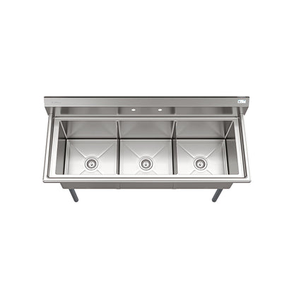 KoolMore 60 in. Three Compartment 18-Gauge Stainless-Steel NSF Commercial Kitchen Sink, Bowl Size 18x18x14, with Three Basins and Pre-Drilled Faucet Holes for Restaurants and Cafes (KM-SC181814-N3)