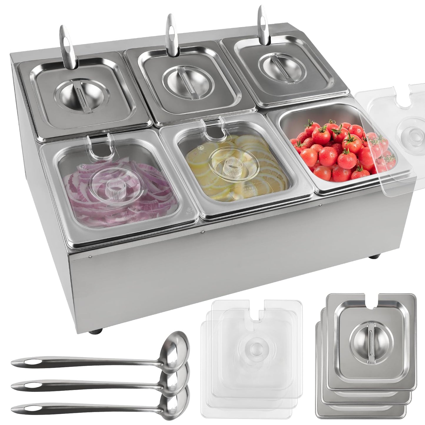 Lanstics 6 Pans Spice Rack Shelf 2 Row Stainless Steel Spice Organizer Stand with Lids Spoons Countertop Inclined Holder Buffet Containers Set for Sauce Jam Fruits Ingredient Kitchen Restaurant Pantry