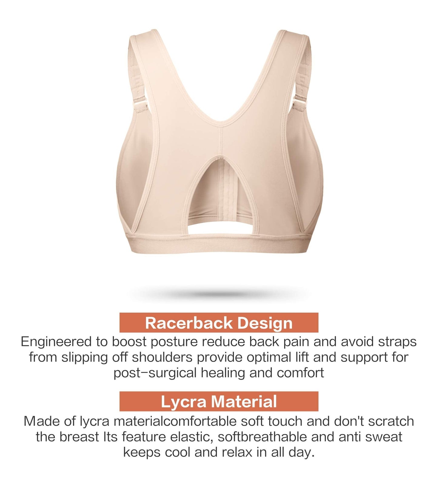 SHAPERX Women's Post-Surgical Front Closure Sports Bra Adjustable Wide Strap Racerback Support Bra, SZ83288-Beige-S