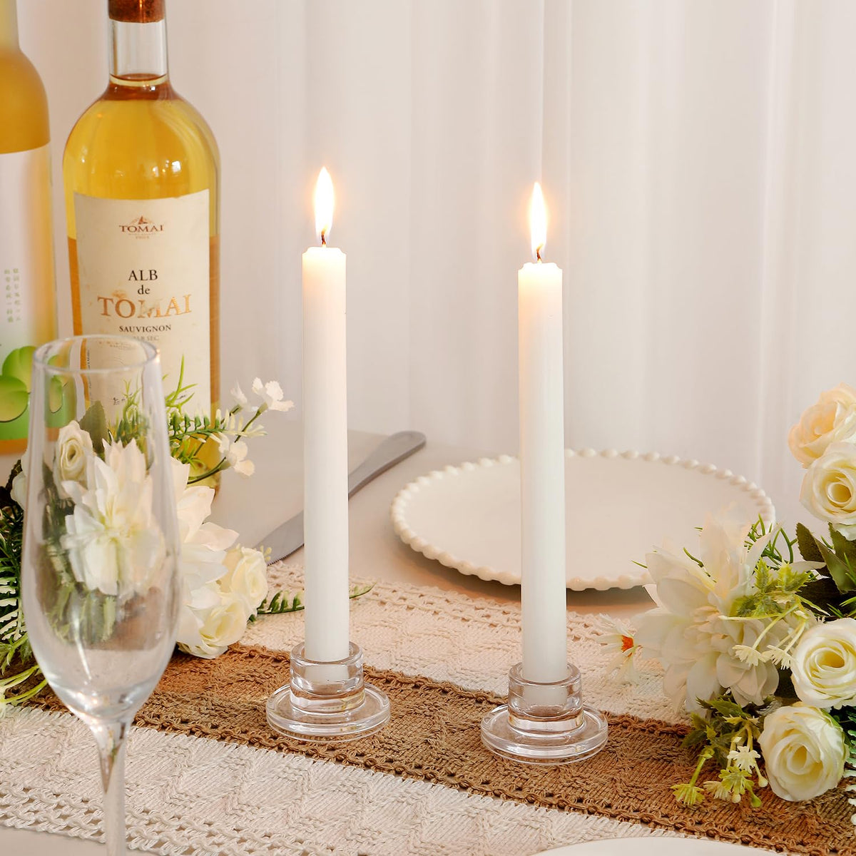 ZQXJWF Clear Glass Taper Candle Holders Set, Round Base Design, Elegant Dining Table Decor, for Table Centerpiece Wedding Party Advent Christmas Home Decorations(24, Clear)