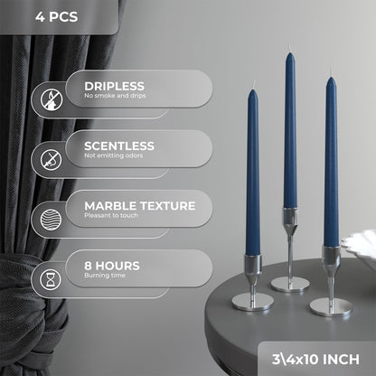 CANDWAX 10 Inch Taper Candles Set of 4 - Dripless and Unscented Candlesticks - Perfect for Dinner and Christmas - Dark Blue