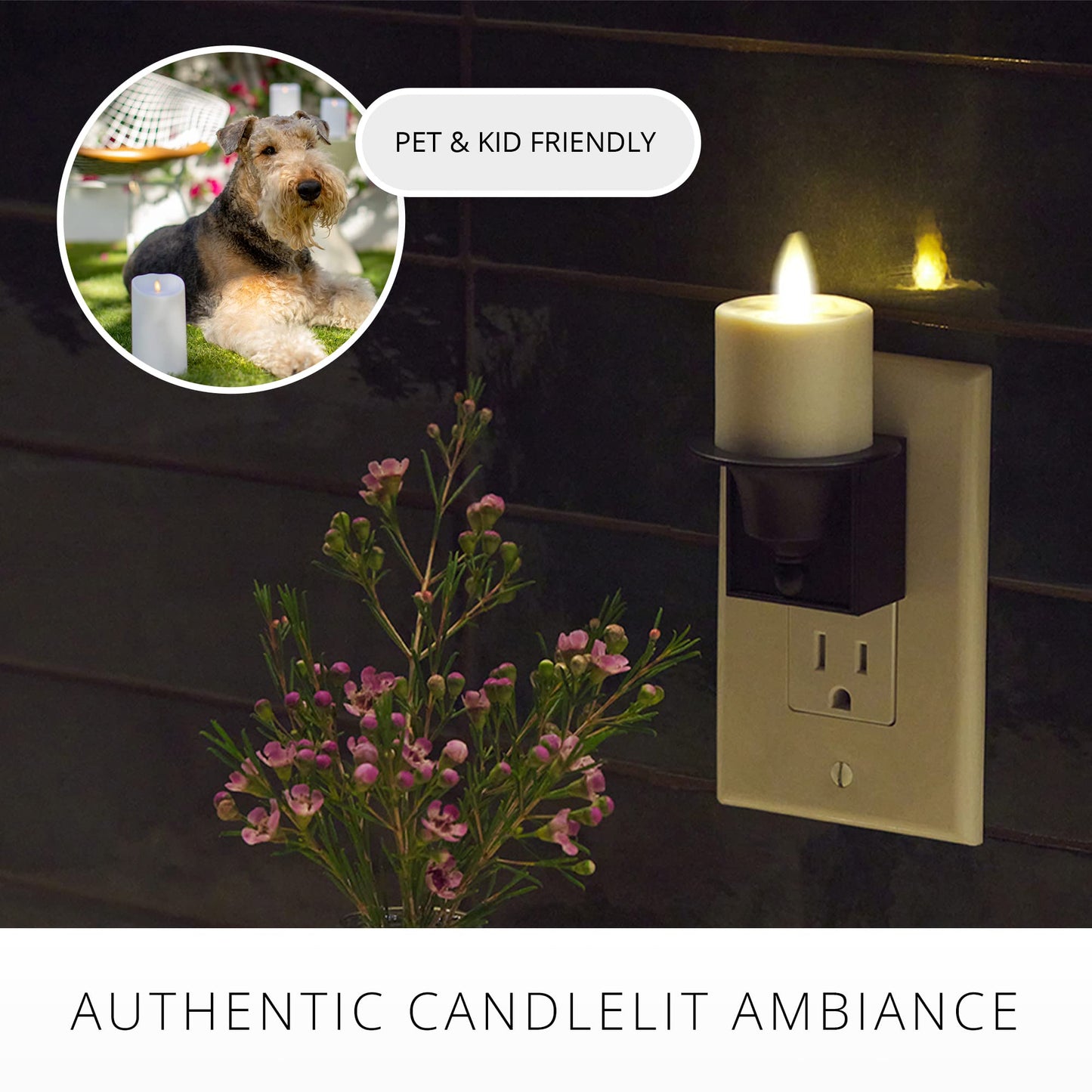Luminara Flameless Candle Nightlight w/Dusk to Dawn Light Dark Auto Sensor, Black Wall Plug Indoor Night LED Light w/Real-Flame Effect Technology, Bathroom Bedroom Hallway, No Remote Needed