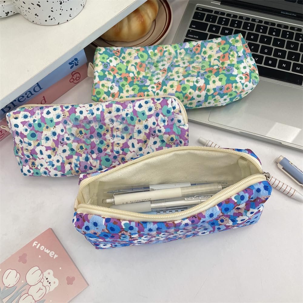 Cute Pencil Case Aesthetic Student Pencil Pouch Coin Pen Pouch Cosmetic Bag Office Stationery Organizer For Kids Teen School (Flowers-M)