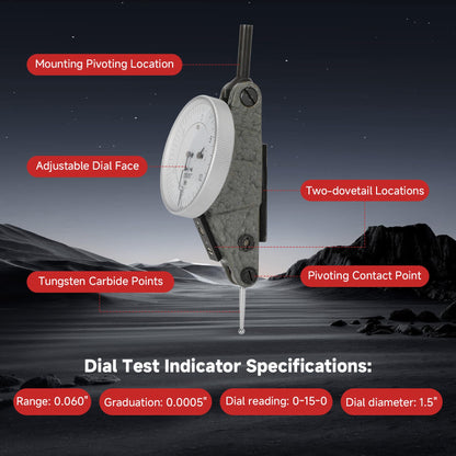 0-0.060"/0.0005" Dial Test Indicator with Dovetail Mount,Two Dovetail Clamps,1.5'' Dial Diameter Horizontal Test Indicator,0-15-0 Dial Reading