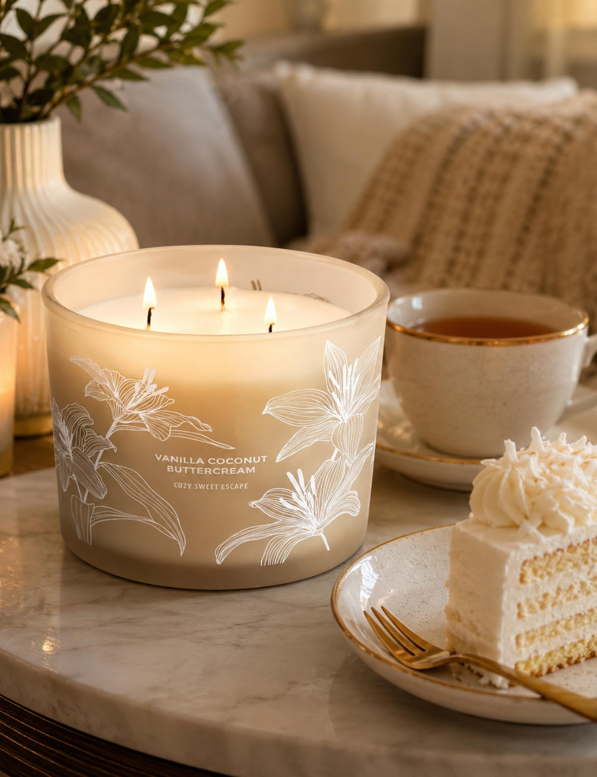 Vanilla Coconut Buttercream Candle | Large 3 Wick Scented Soy Candle for Home | 14.5oz Vanilla Coconut Aromatherapy Candle | Vanilla Cupcake Candle | Long Lasting Clean Burn | Gift for Women & Men