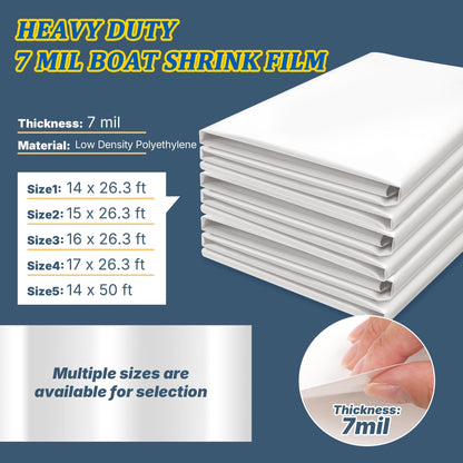 14' X 50' Polyethylene Plastic Shrink Wrap for Boat Shrink Wrap - 7 Mil Boat Shrink Film for Use with Heat Gun, UV Resistance Industrial Shrink Wrap for Protection and Storage, White
