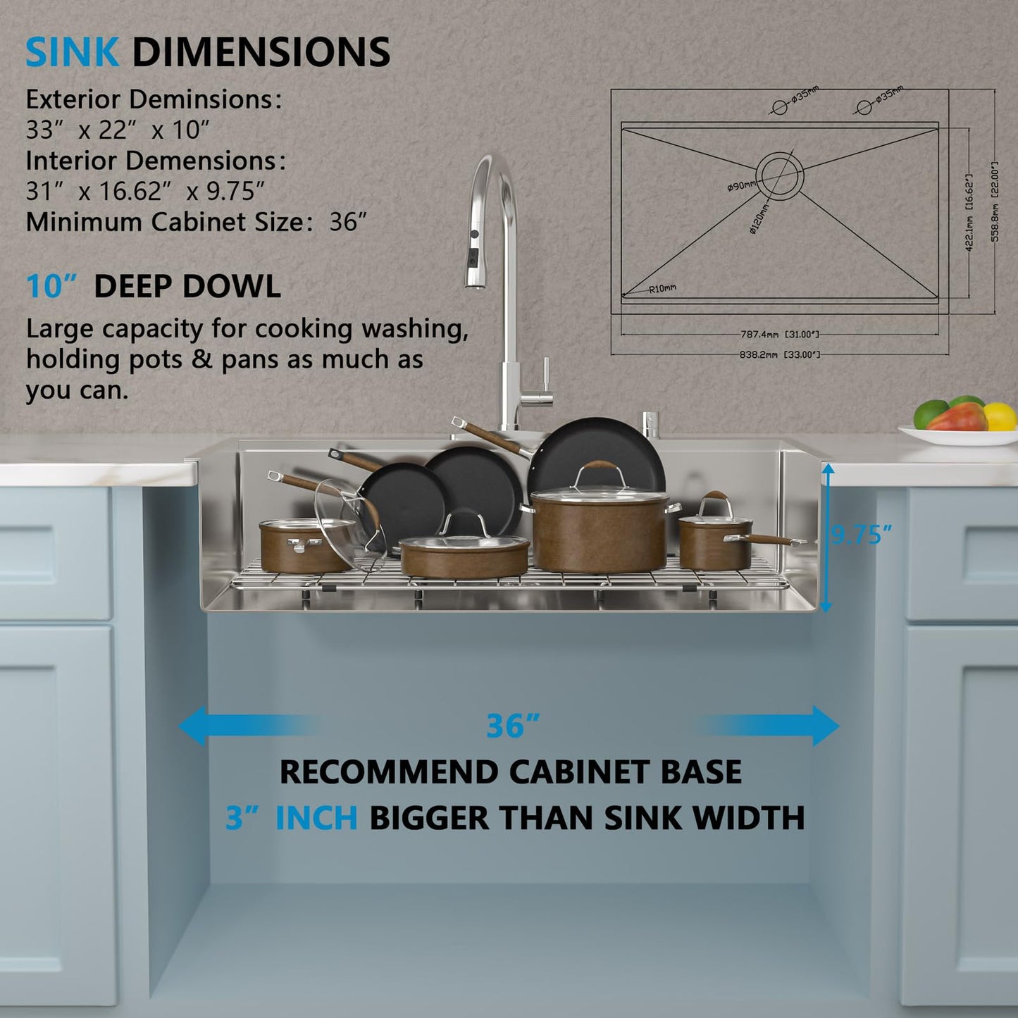 Fulorni 33"x22" Drop In Kitchen Sink Ledge Workstation – 16 Gauge 304 Stainless Steel Above Counter Deep Single Bowl Top Mount Sink Basin