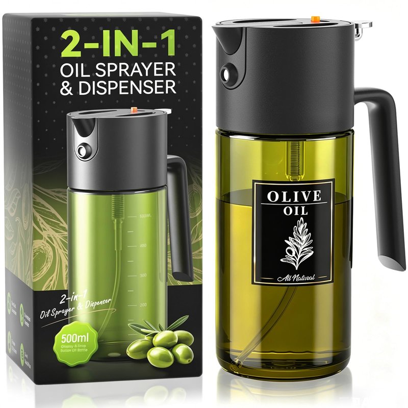 2-IN-1 500ml/17oz Light-Blocking Dark Oil Sprayer for Cooking with Sticker, Dark Green Glass Olive Oil Dispenser Bottle for Kitchen, Even Spray with Portion Control, Perfect for Air Fryer, BBQ - Black