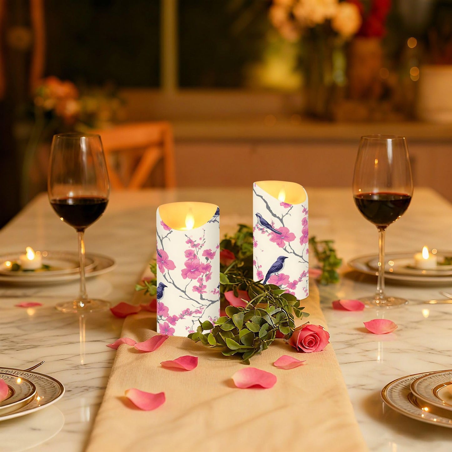 ALAZA Bird Pink Flower Flameless Candles with Remote Timer,LED Flickering Battery Operated Electric Pillar Tea Light Candles for Wedding Table Christmas Decorations 3" x3.9"