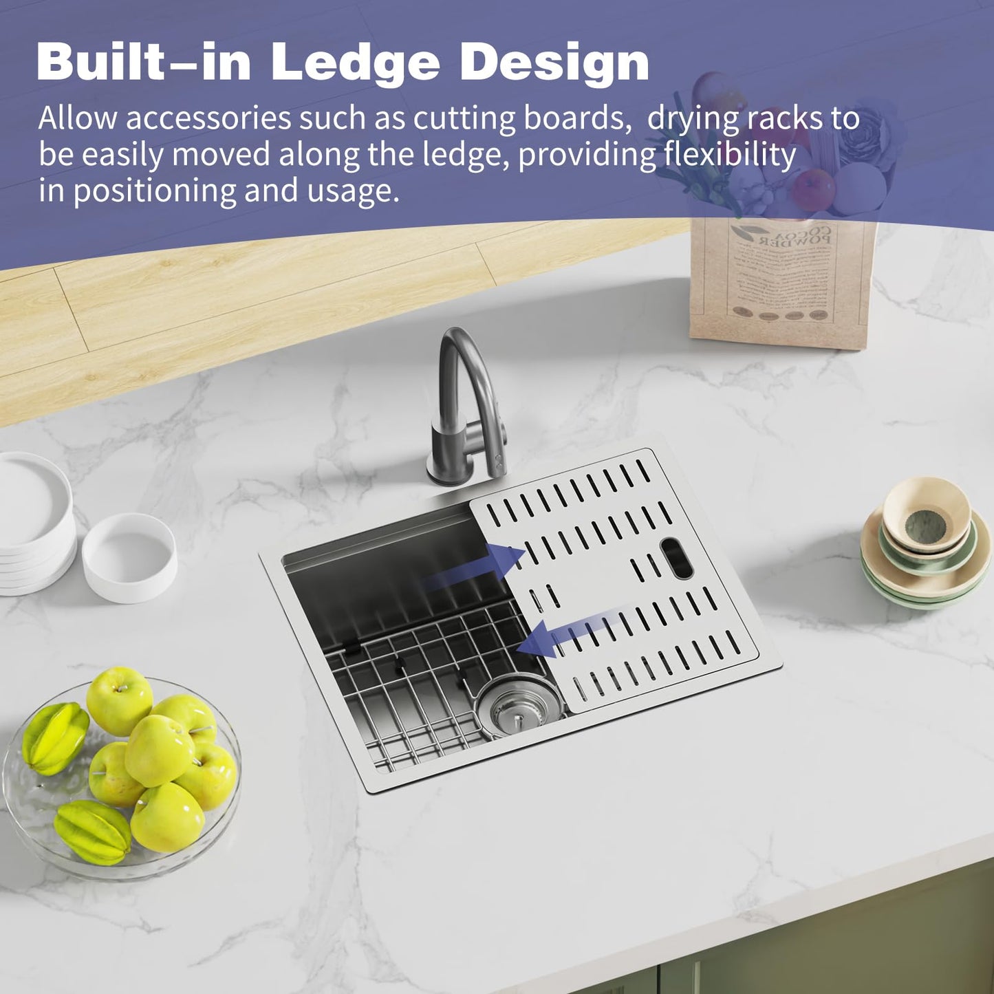 24x18 Inch Kitchen Sink With Dual Cover-Stainless Steel Undermount Single Bowl Kitchen Sink Built-in Ledge Drop In Workstation Sink Fully Covering Sink To Create Temporary Workspace/Drainage Area