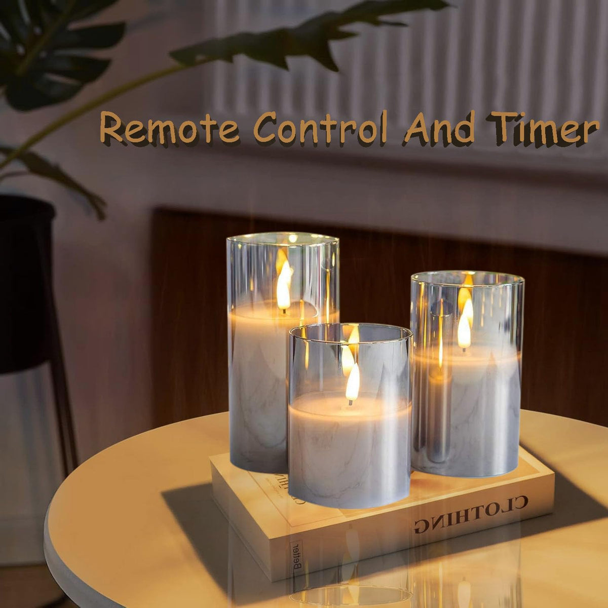 GPTMCZL Remotely Glass Battery Operated Candles, Grey Led Flameless Candles, with Remote and Timer Realistic Operation of LED Candle Light, Used for Party, Wedding, Festival Decoration(Pack of 3)