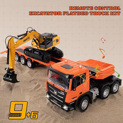 RC Semi Truck &amp RC Excavator Set 1:24 Scale Remote Control Flatbed Truck with Detachable Trailer 2.4GHz RC Semi-Trailer Construction Vehicle with Sound and Light